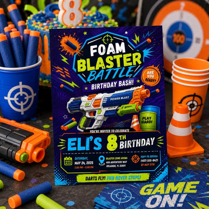 Editable Nerf Birthday Invitation Canva Template, Kids Cute Modern Fun Themed Custom DIY Chic Teen Party Invite, Printable Digital Download.