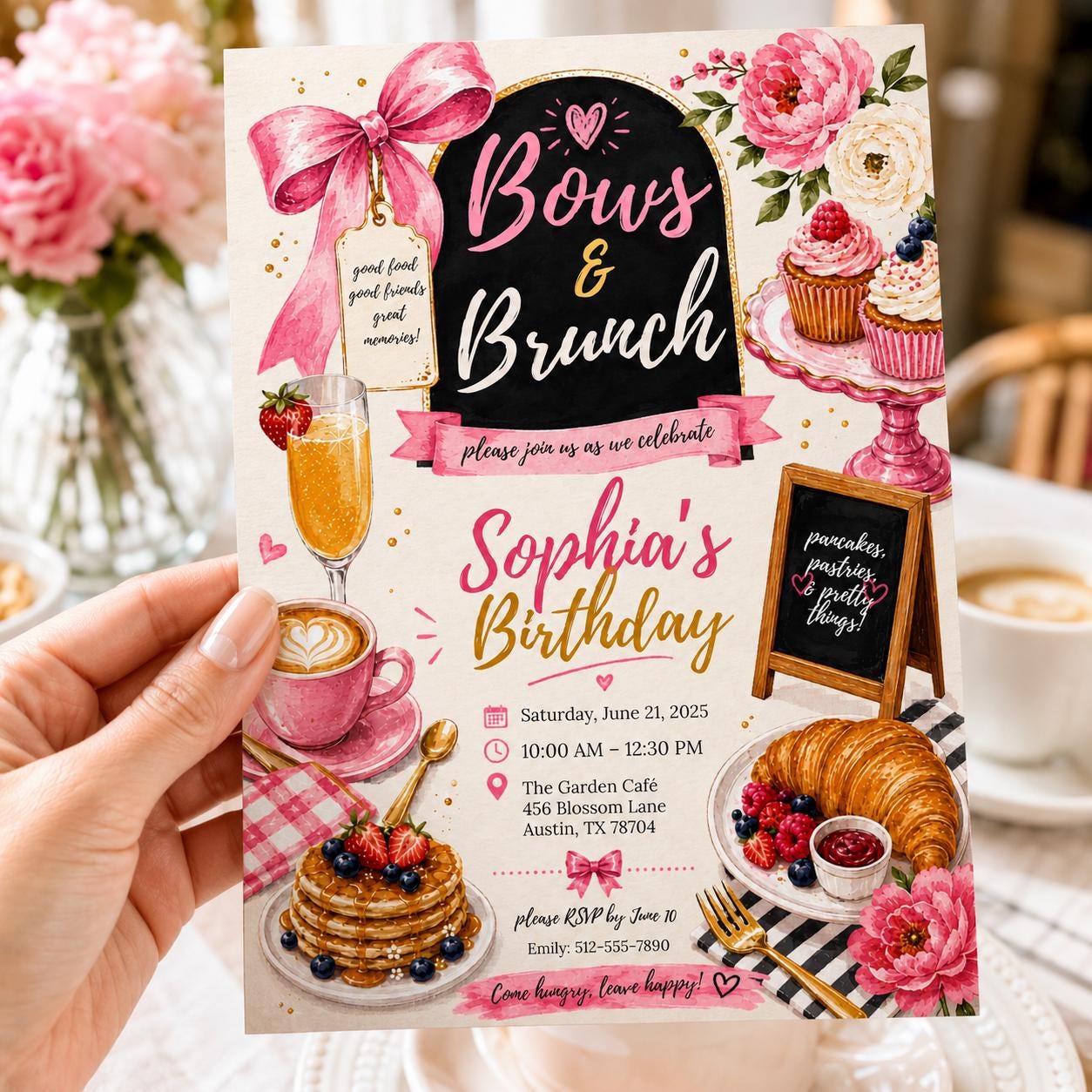 Editable Pink Bow Birthday Invitation Canva Template, Girls Adult Bow Cute Fun DIY Sweet Chic Kids Party Invite, Printable Digital Download.