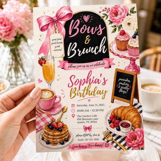 Editable Pink Bow Birthday Invitation Canva Template, Girls Adult Bow Cute Fun DIY Sweet Chic Kids Party Invite, Printable Digital Download.