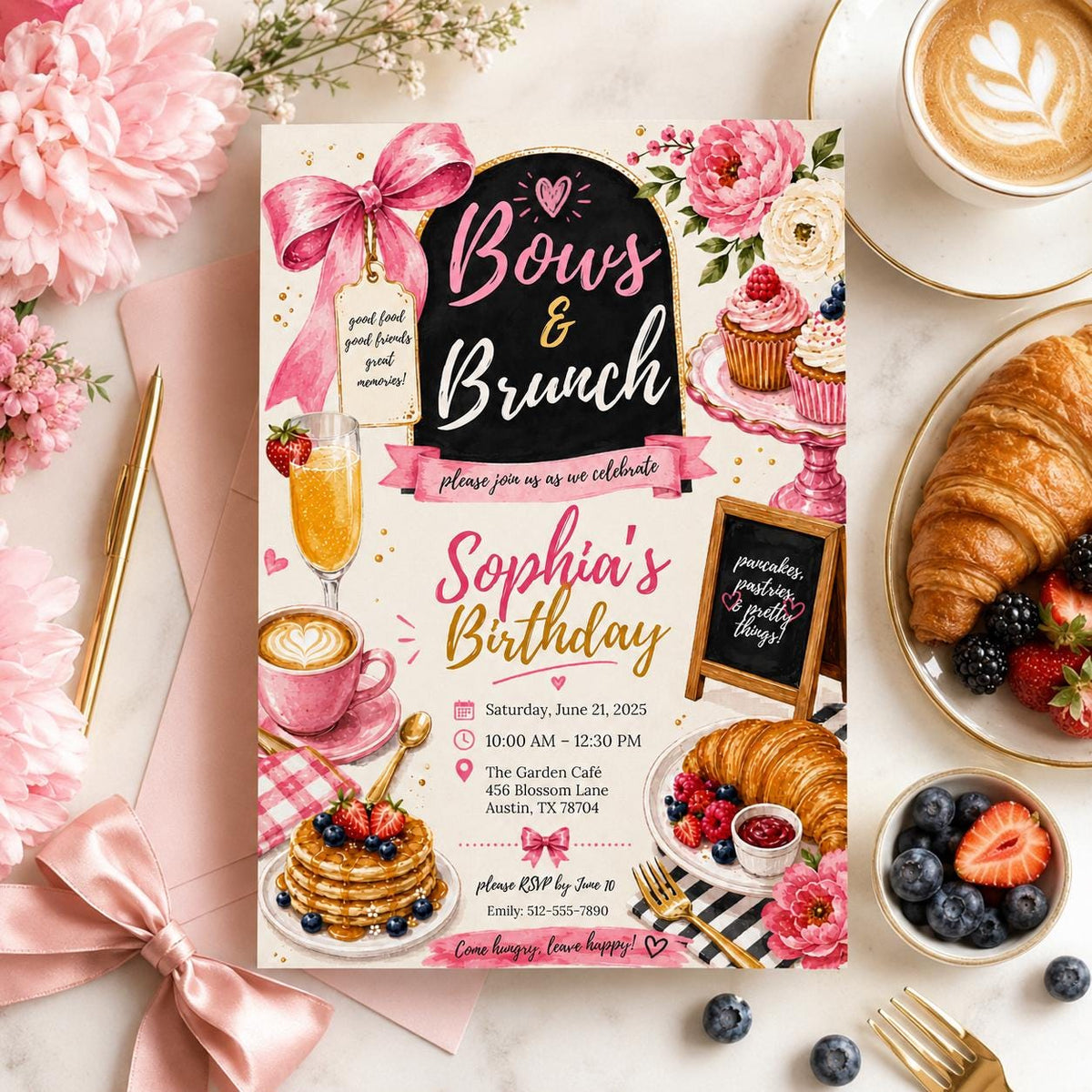 Editable Pink Bow Birthday Invitation Canva Template, Girls Adult Bow Cute Fun DIY Sweet Chic Kids Party Invite, Printable Digital Download.