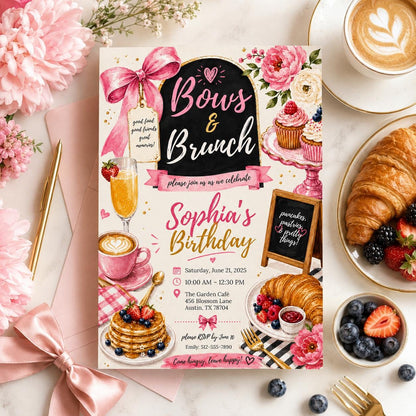 Editable Pink Bow Birthday Invitation Canva Template, Girls Adult Bow Cute Fun DIY Sweet Chic Kids Party Invite, Printable Digital Download.