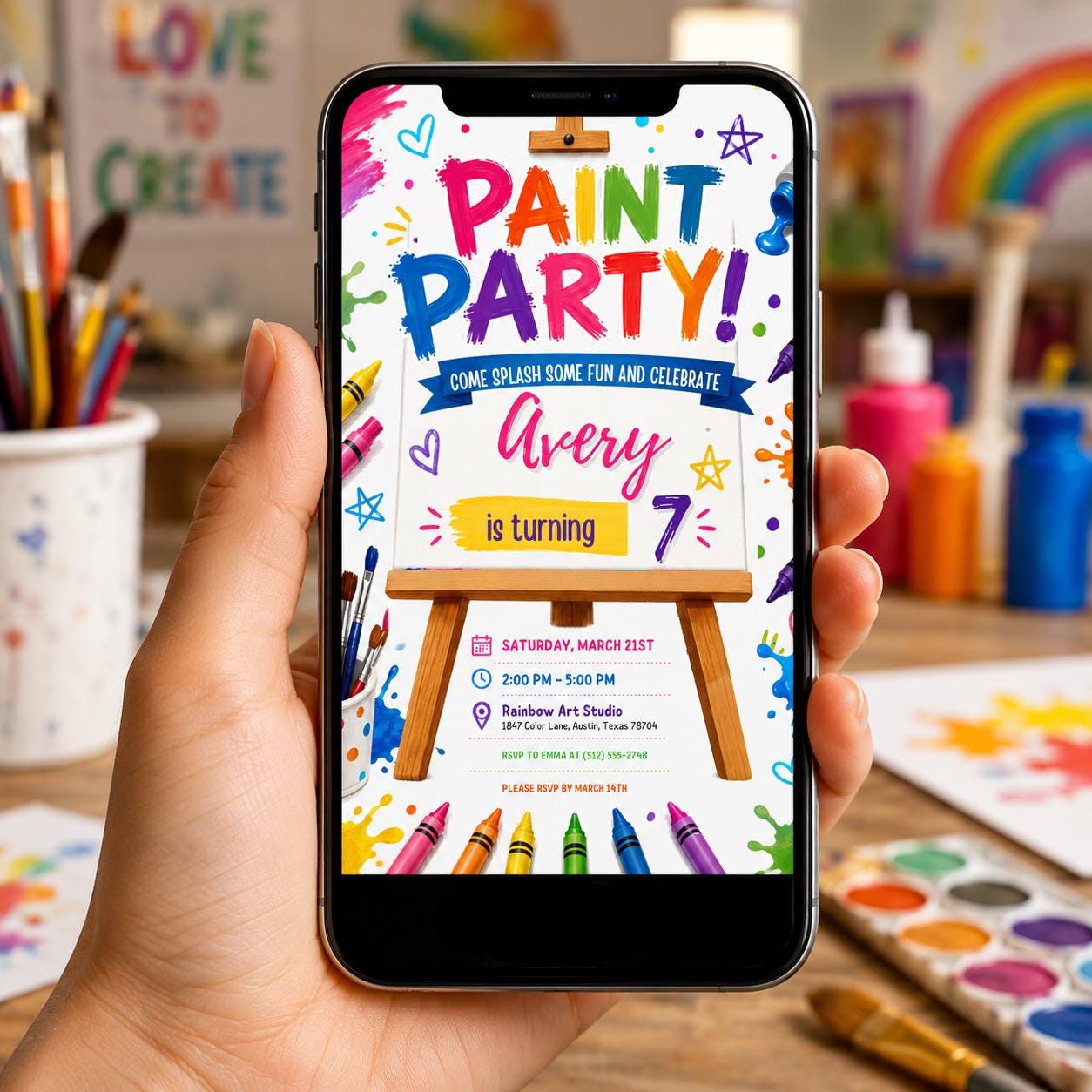 Editable Art Paint Birthday Invitation Canva Template, Cute Modern Fun Themed Custom DIY Chic Kids Party Invite, Printable Digital Download.
