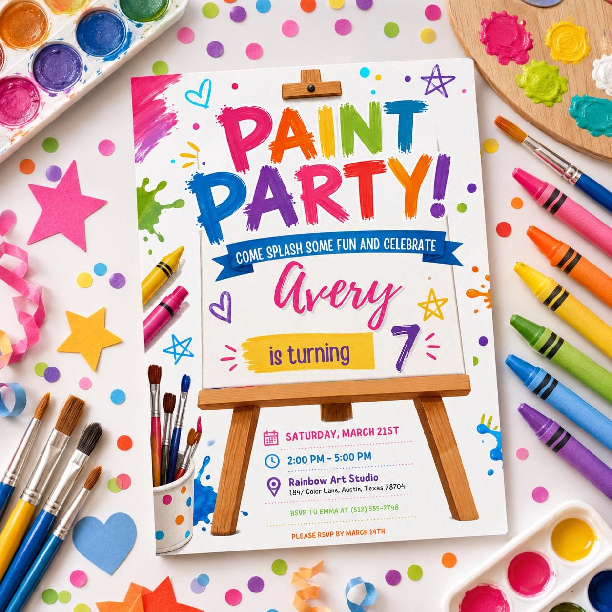Editable Art Paint Birthday Invitation Canva Template, Cute Modern Fun Themed Custom DIY Chic Kids Party Invite, Printable Digital Download.