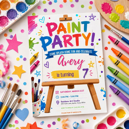 Editable Art Paint Birthday Invitation Canva Template, Cute Modern Fun Themed Custom DIY Chic Kids Party Invite, Printable Digital Download.