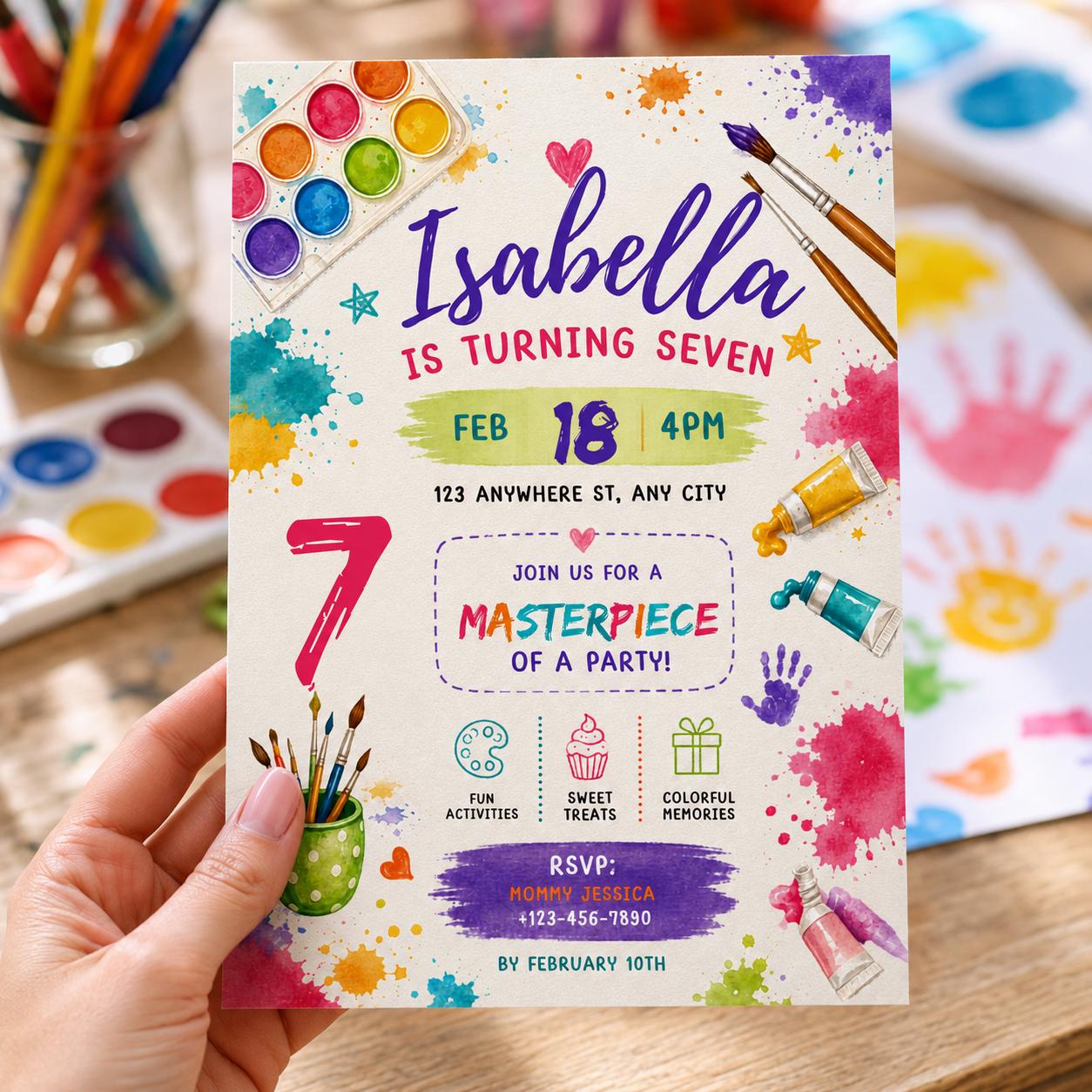 Editable Art Paint Birthday Invitation Canva Template, Cute Modern Fun Themed Custom DIY Chic Kids Party Invite, Printable Digital Download.