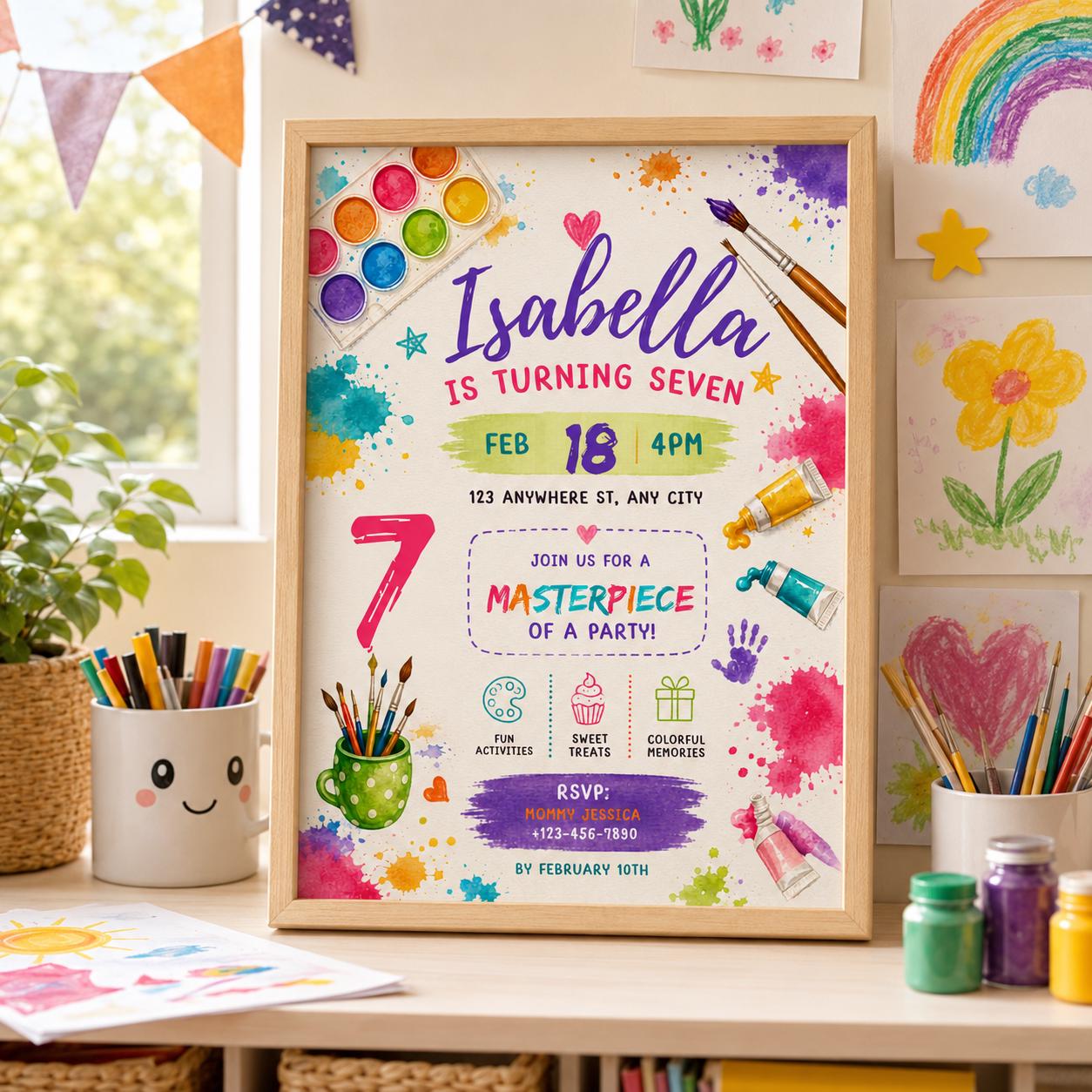 Editable Art Paint Birthday Invitation Canva Template, Cute Modern Fun Themed Custom DIY Chic Kids Party Invite, Printable Digital Download.