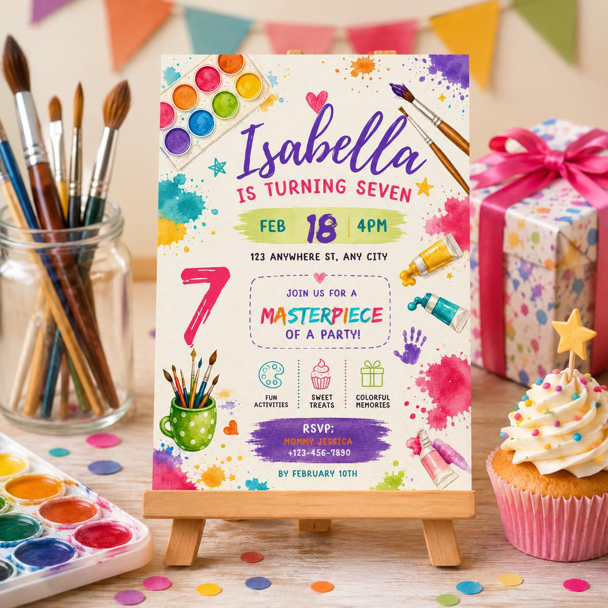 Editable Art Paint Birthday Invitation Canva Template, Cute Modern Fun Themed Custom DIY Chic Kids Party Invite, Printable Digital Download.