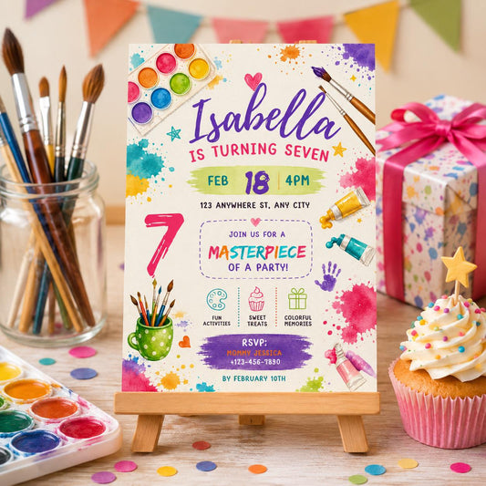 Editable Art Paint Birthday Invitation Canva Template, Cute Modern Fun Themed Custom DIY Chic Kids Party Invite, Printable Digital Download.