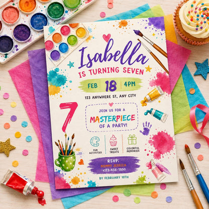 Editable Art Paint Birthday Invitation Canva Template, Cute Modern Fun Themed Custom DIY Chic Kids Party Invite, Printable Digital Download.