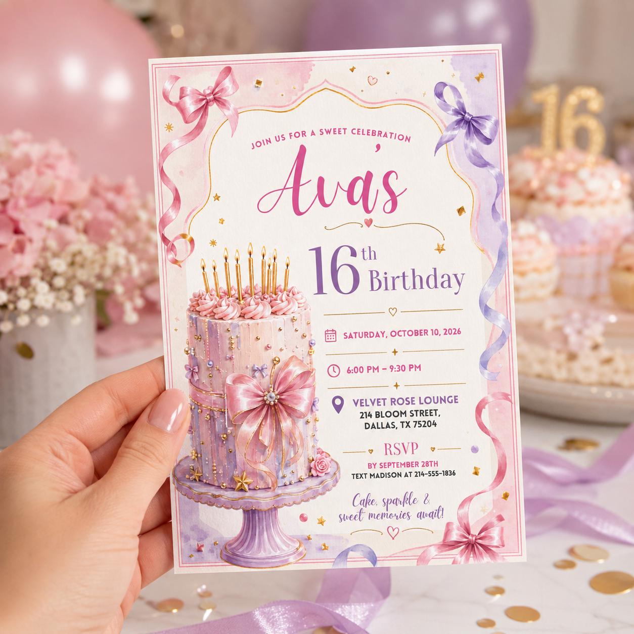 Editable Sweet Treats Birthday Invitation Canva Template, Pink Luxury Girls Kids Cute Fun DIY Chic Party Invite, Printable Digital Download.