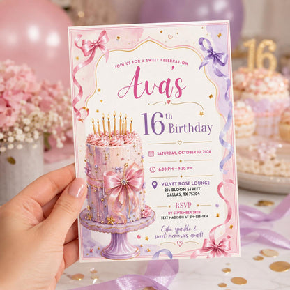 Editable Sweet Treats Birthday Invitation Canva Template, Pink Luxury Girls Kids Cute Fun DIY Chic Party Invite, Printable Digital Download.