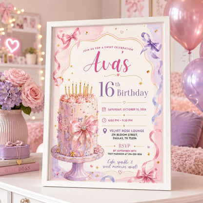 Editable Sweet Treats Birthday Invitation Canva Template, Pink Luxury Girls Kids Cute Fun DIY Chic Party Invite, Printable Digital Download.