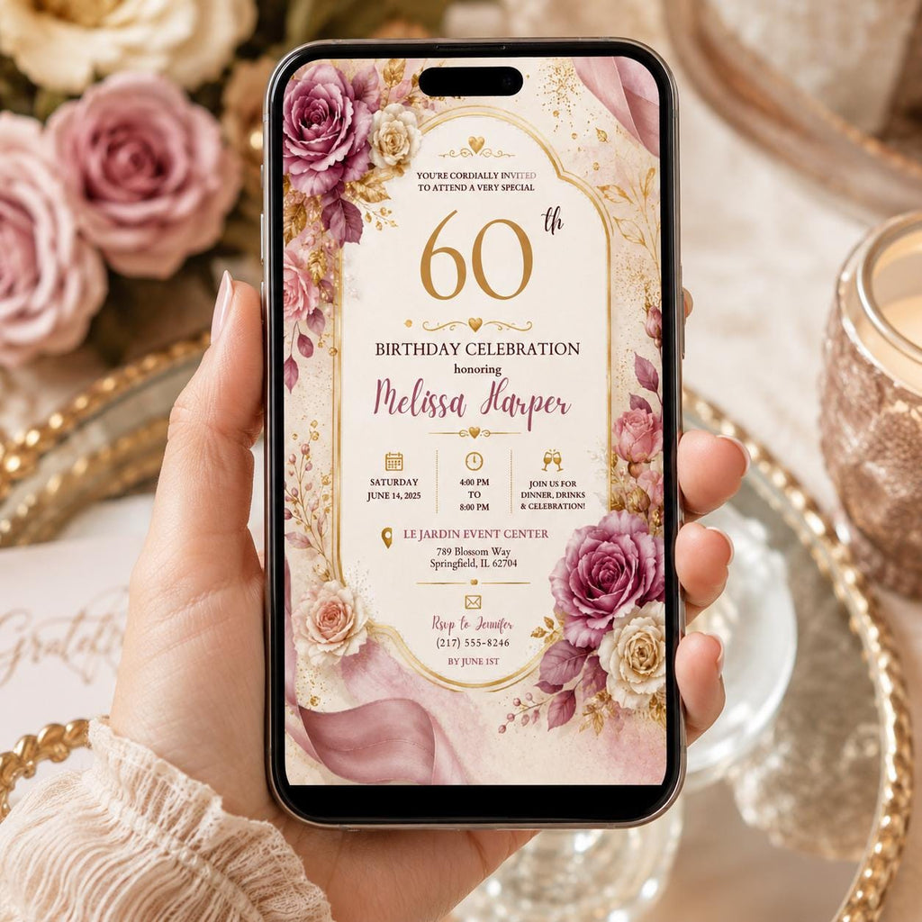 Editable Floral Birthday Invitation Canva Template, Blush Girls Adult Cute Fun DIY Sweet Chic Kids Party Invite, Printable Digital Download.