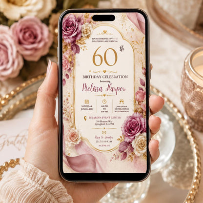 Editable Floral Birthday Invitation Canva Template, Blush Girls Adult Cute Fun DIY Sweet Chic Kids Party Invite, Printable Digital Download.