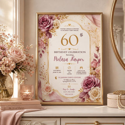 Editable Floral Birthday Invitation Canva Template, Blush Girls Adult Cute Fun DIY Sweet Chic Kids Party Invite, Printable Digital Download.