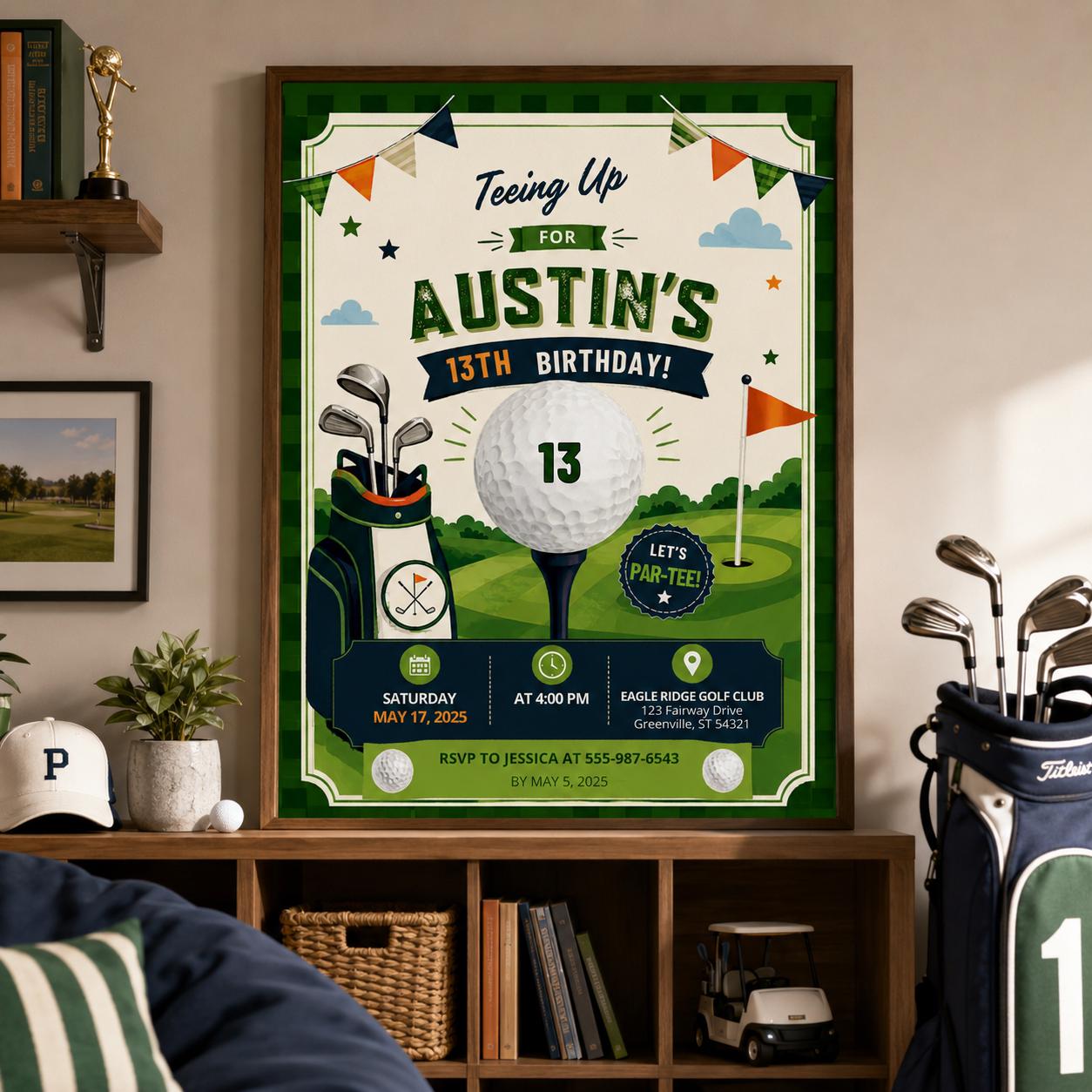 Editable Golf Cocktail Party Invitation Canva Template, Green Preppy Kids Adult Cute Modern Fun Themed DIY Sweet Printable Digital Download.