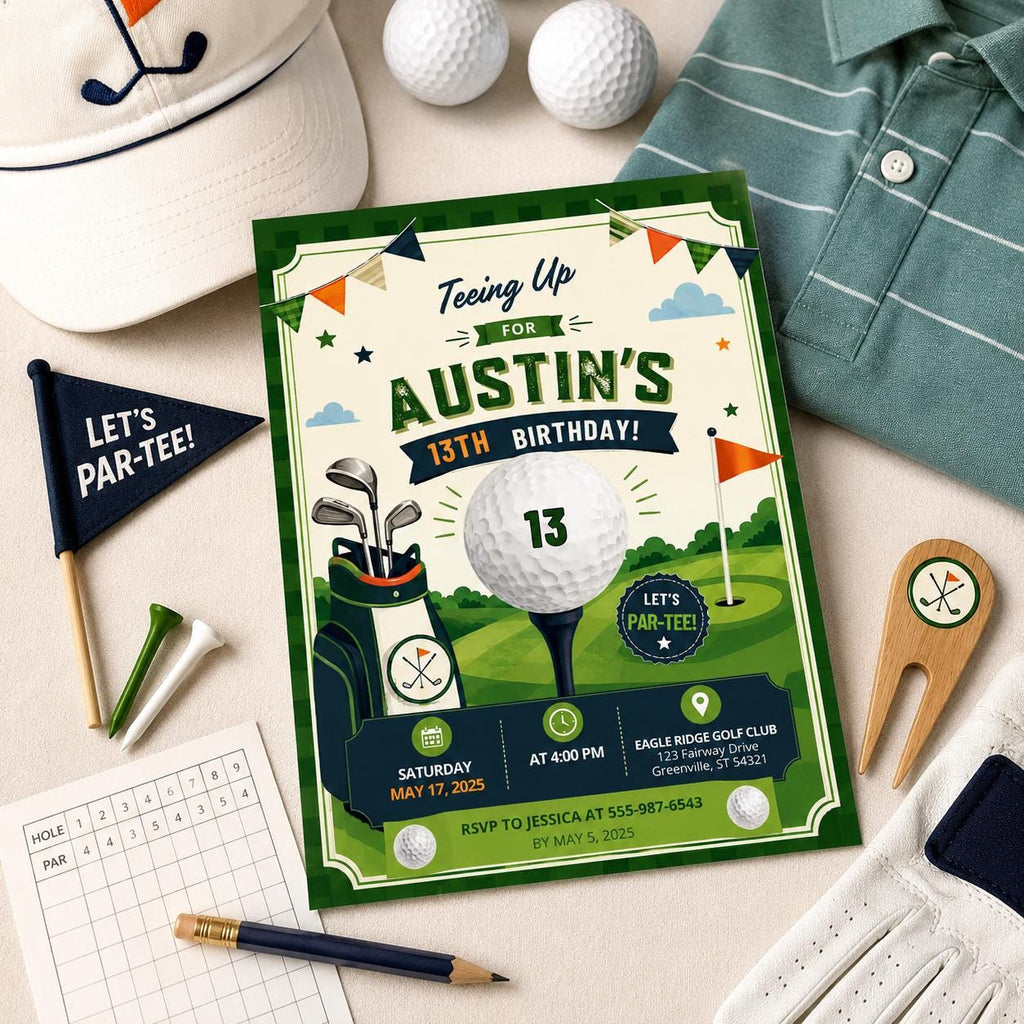 Editable Golf Cocktail Party Invitation Canva Template, Green Preppy Kids Adult Cute Modern Fun Themed DIY Sweet Printable Digital Download.