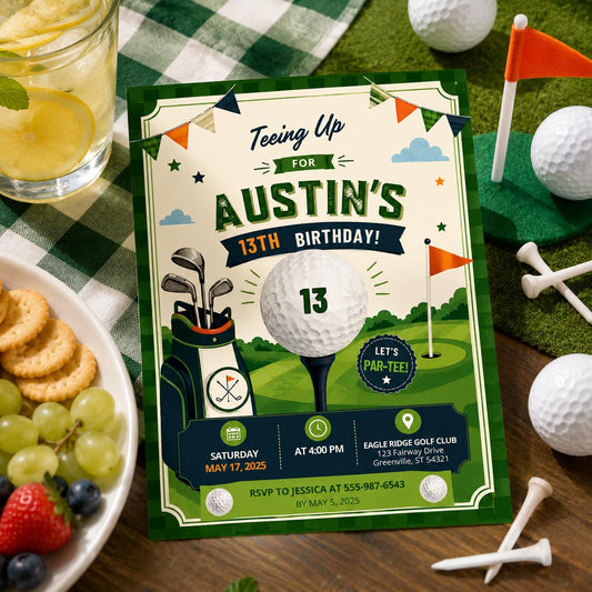Editable Golf Cocktail Party Invitation Canva Template, Green Preppy Kids Adult Cute Modern Fun Themed DIY Sweet Printable Digital Download.