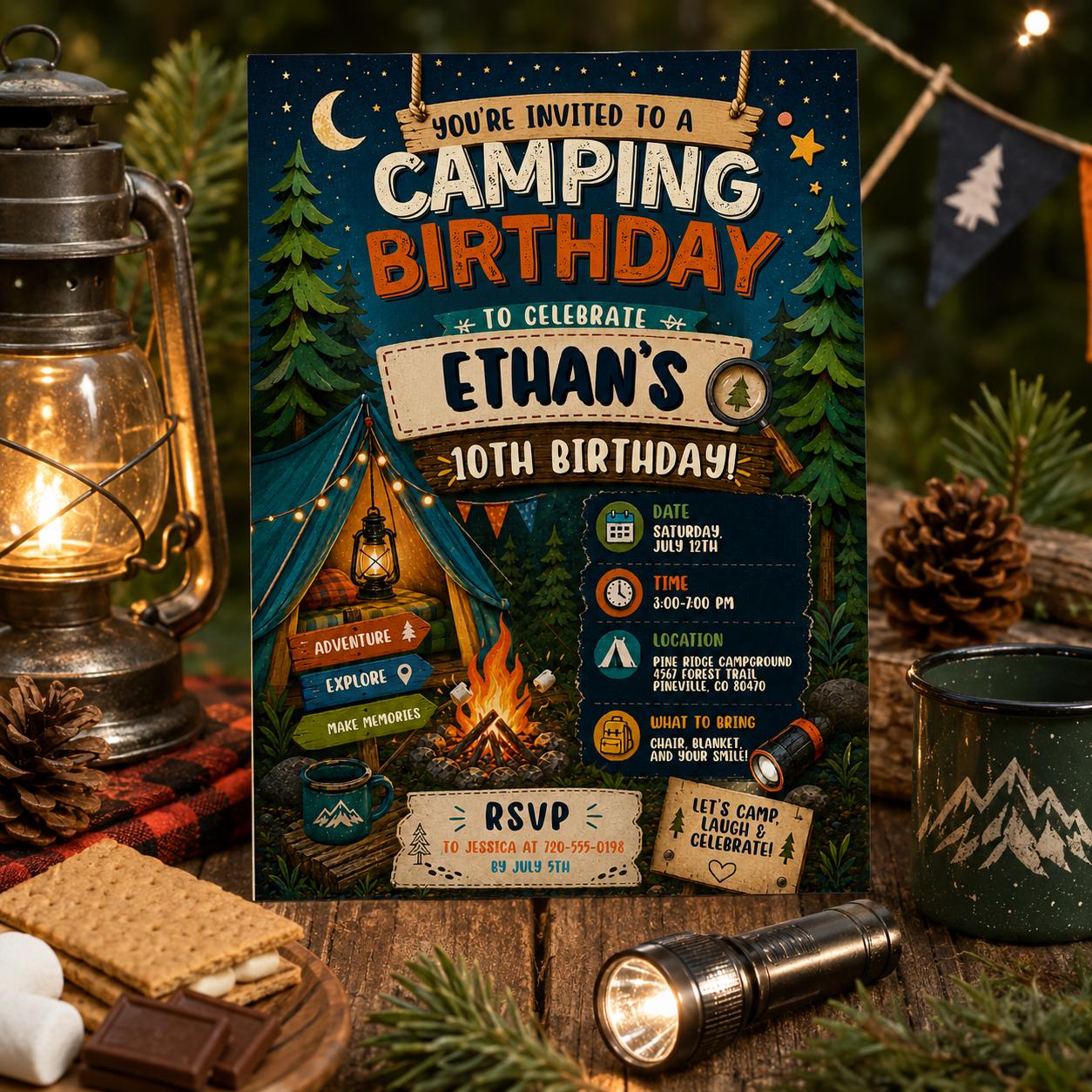 Editable Camping Birthday Invitation Canva Template, Kids Cute Fun DIY Sweet Chic Teen Tween Adult Party Invite, Printable Digital Download.