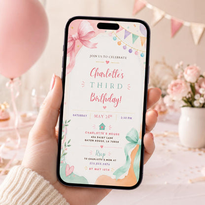 Editable Pastel Birthday Invitation Canva Template, Pink Floral Girls Cute Fun DIY Sweet Chic Kids Party Invite, Printable Digital Download.