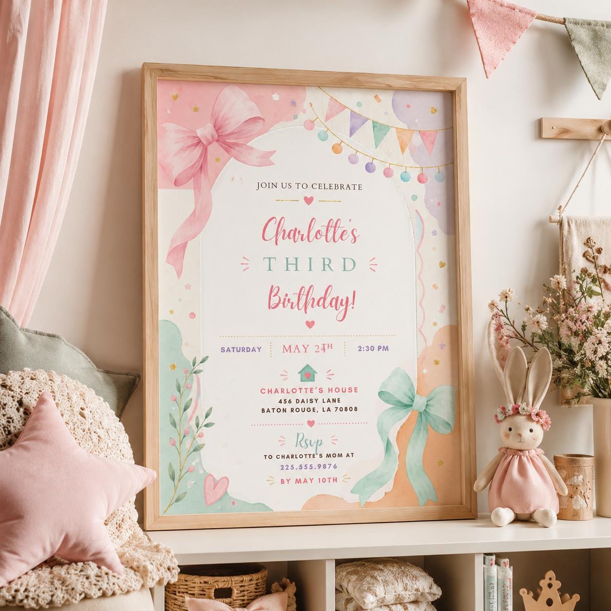 Editable Pastel Birthday Invitation Canva Template, Pink Floral Girls Cute Fun DIY Sweet Chic Kids Party Invite, Printable Digital Download.