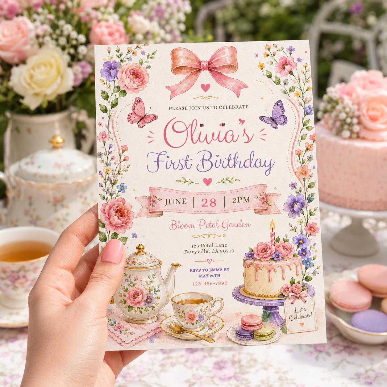 Editable Pink Bow Birthday Invitation Canva Template, Boho Floral Girls Kids Bow Cute Fun DIY Chic Party Invite, Printable Digital Download.
