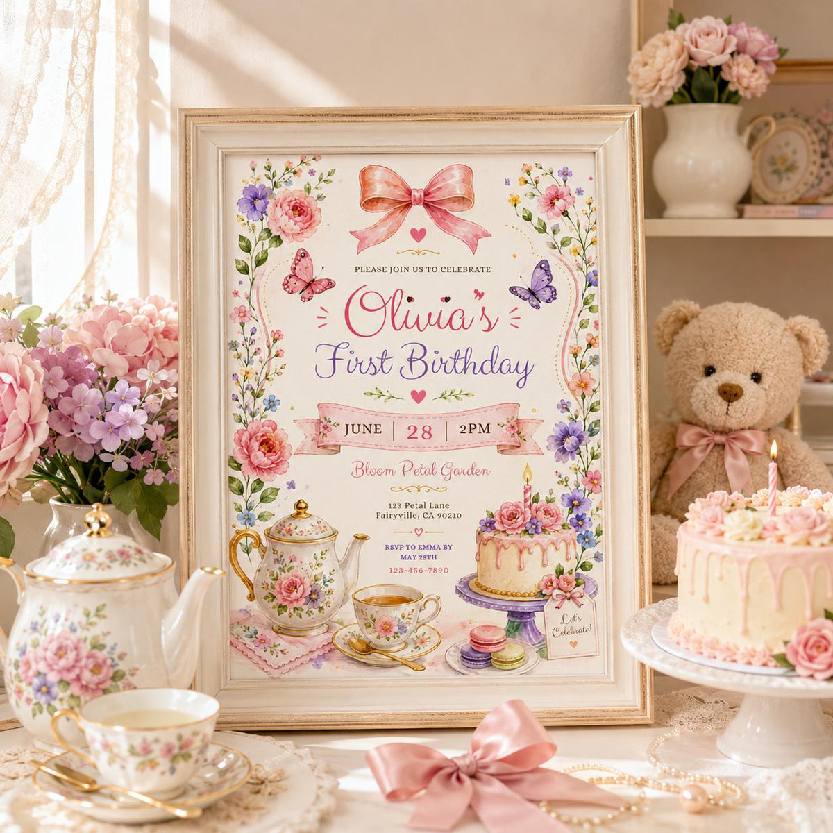 Editable Pink Bow Birthday Invitation Canva Template, Boho Floral Girls Kids Bow Cute Fun DIY Chic Party Invite, Printable Digital Download.