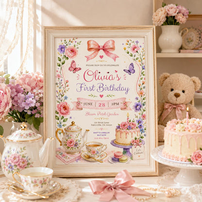 Editable Pink Bow Birthday Invitation Canva Template, Boho Floral Girls Kids Bow Cute Fun DIY Chic Party Invite, Printable Digital Download.