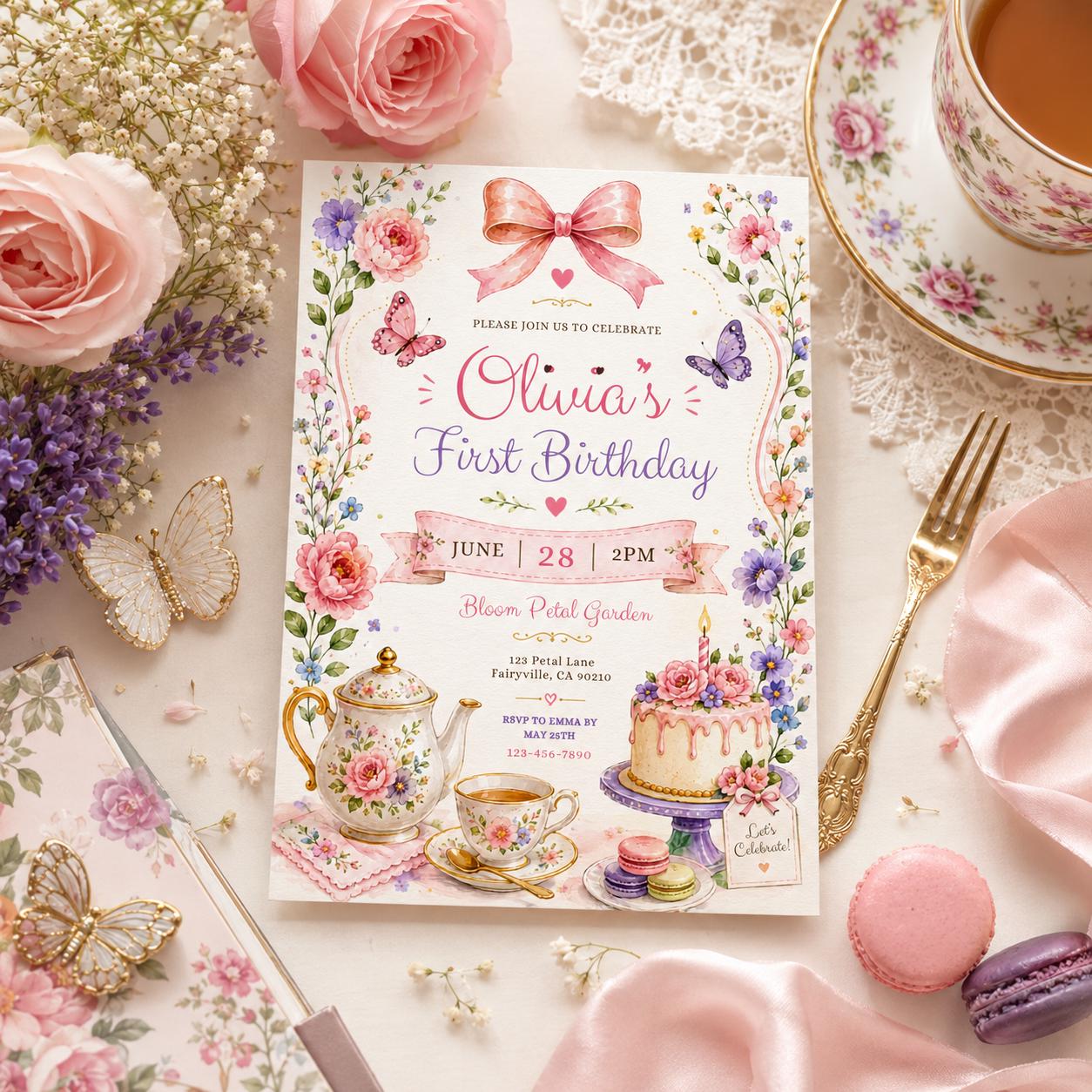 Editable Pink Bow Birthday Invitation Canva Template, Boho Floral Girls Kids Bow Cute Fun DIY Chic Party Invite, Printable Digital Download.