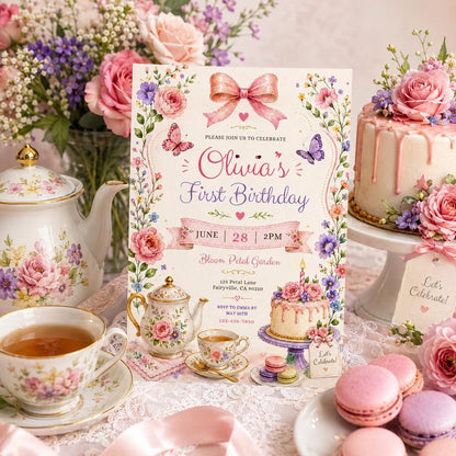 Editable Pink Bow Birthday Invitation Canva Template, Boho Floral Girls Kids Bow Cute Fun DIY Chic Party Invite, Printable Digital Download.