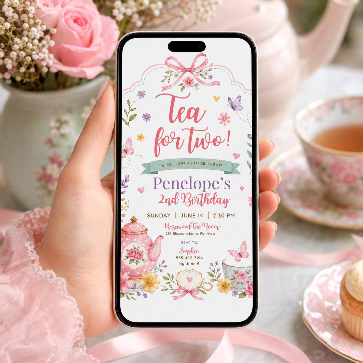 Editable Tea Birthday Invitation Canva Template, Pink Blush Girls Kids Adult Tea Cute Fun DIY Chic Party Invite, Printable Digital Download.
