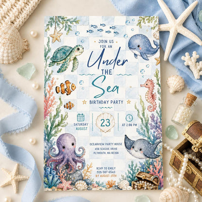 Editable Oneder the Sea Birthday Invitation Canva Template, Boys Kids Cute Fun DIY Sweet Chic Teen Party Invite, Printable Digital Download.