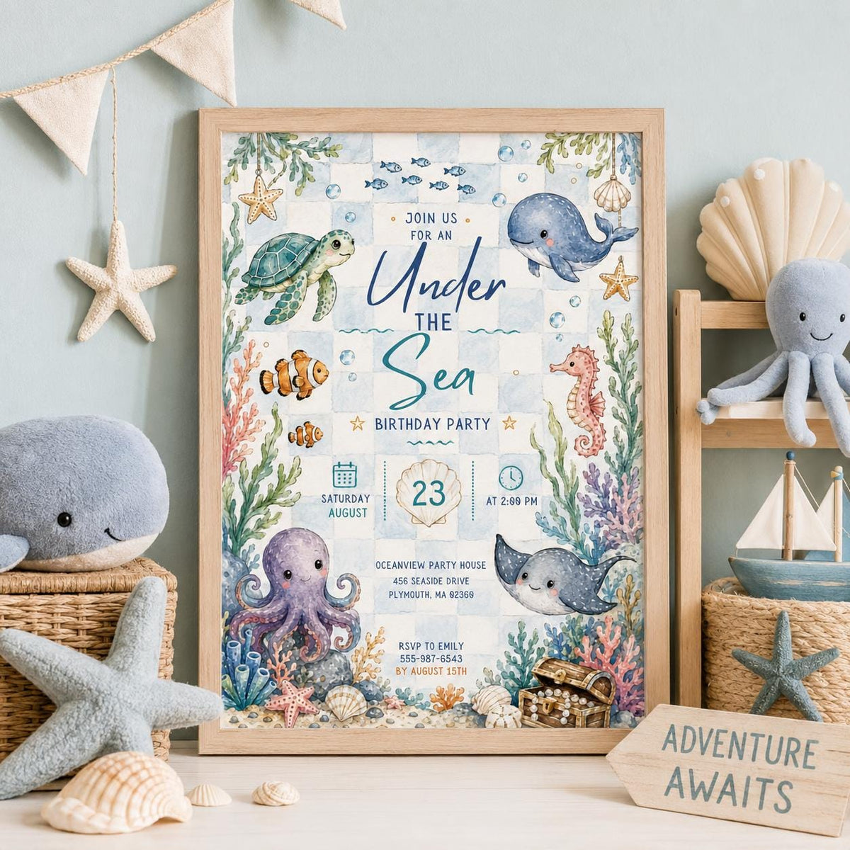 Editable Oneder the Sea Birthday Invitation Canva Template, Boys Kids Cute Fun DIY Sweet Chic Teen Party Invite, Printable Digital Download.