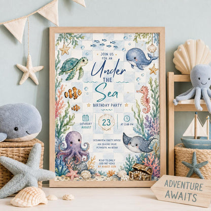 Editable Oneder the Sea Birthday Invitation Canva Template, Boys Kids Cute Fun DIY Sweet Chic Teen Party Invite, Printable Digital Download.
