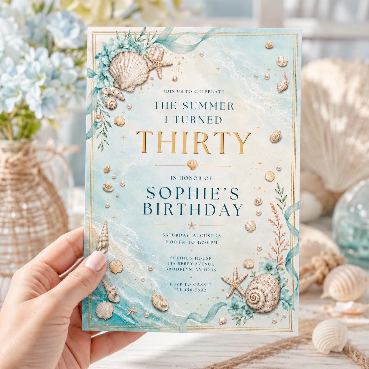 Editable Coastal Birthday Invitation Canva Template, Blue White Teens Adult Cute Fun DIY Chic Kids Party Invite, Printable Digital Download.