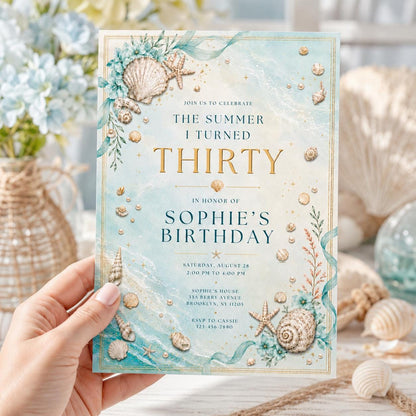 Editable Coastal Birthday Invitation Canva Template, Blue White Teens Adult Cute Fun DIY Chic Kids Party Invite, Printable Digital Download.
