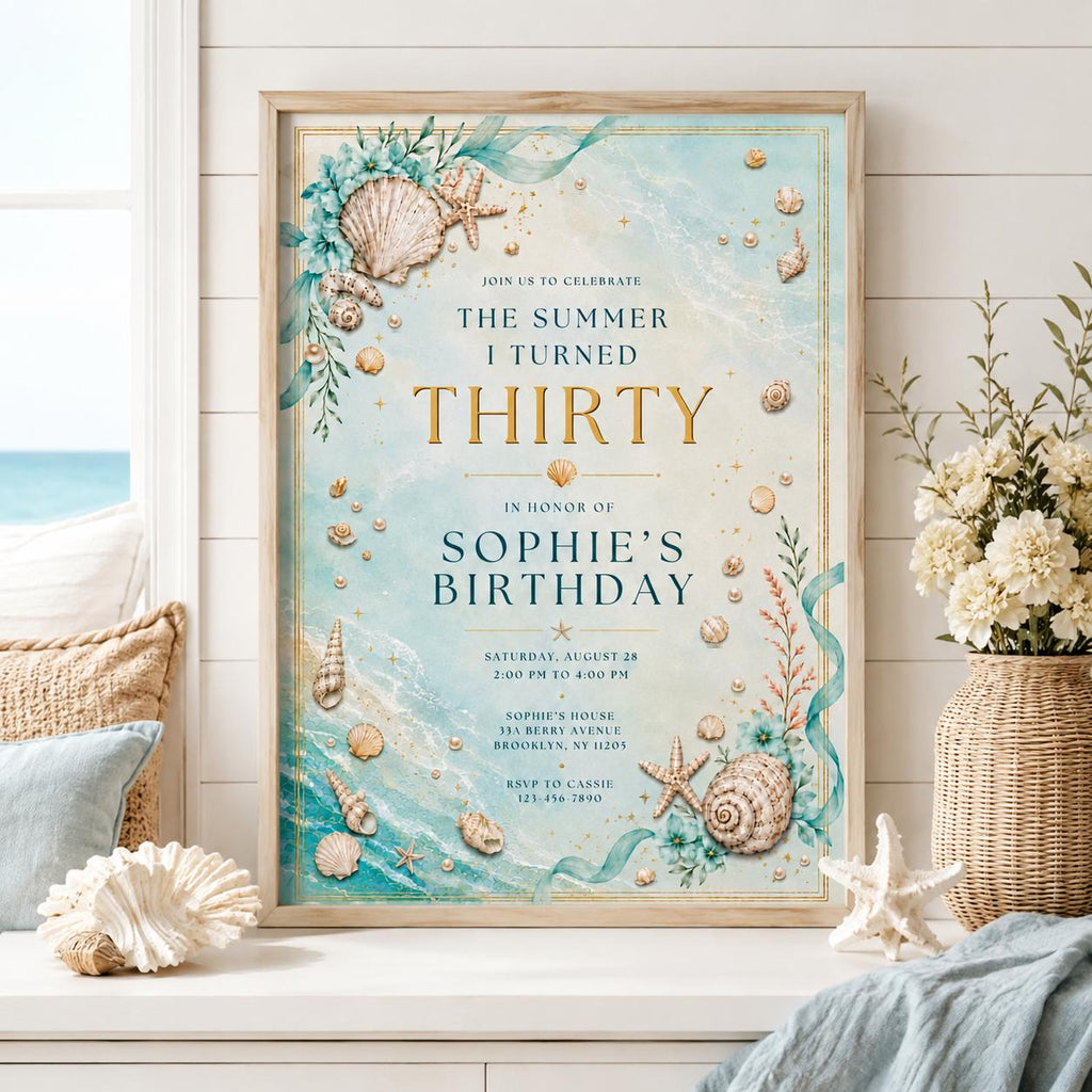 Editable Coastal Birthday Invitation Canva Template, Blue White Teens Adult Cute Fun DIY Chic Kids Party Invite, Printable Digital Download.