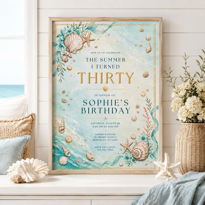 Editable Coastal Birthday Invitation Canva Template, Blue White Teens Adult Cute Fun DIY Chic Kids Party Invite, Printable Digital Download.