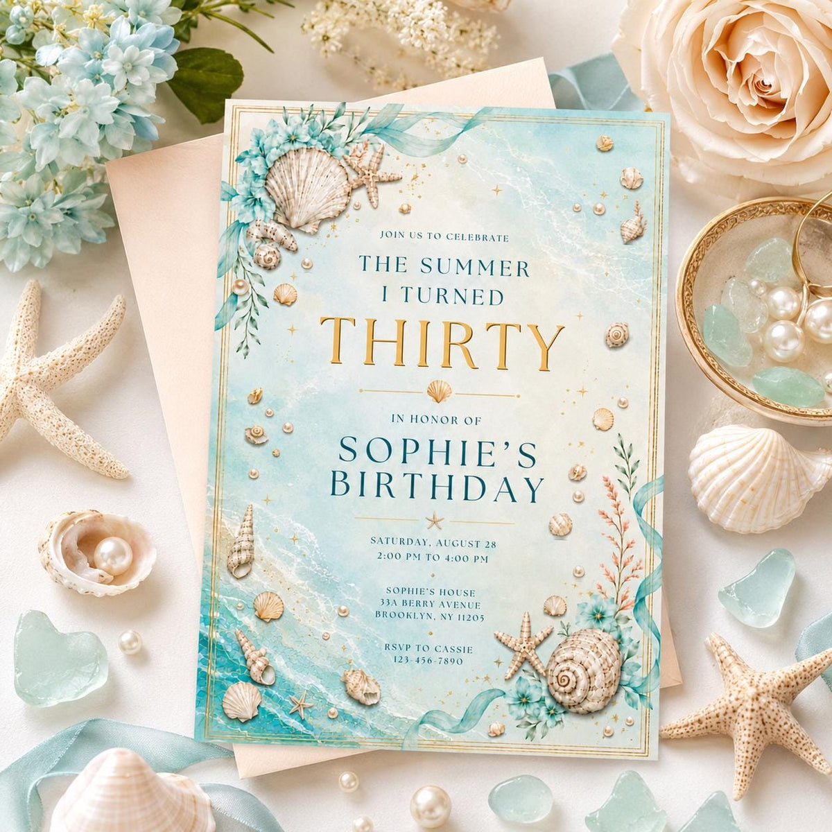 Editable Coastal Birthday Invitation Canva Template, Blue White Teens Adult Cute Fun DIY Chic Kids Party Invite, Printable Digital Download.