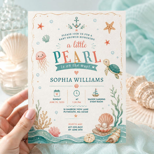 Editable Coastal Seashell Baby Shower Invitation Canva Template, Girls Kids Cute Fun DIY Chic Teen Party Invite, Printable Digital Download.