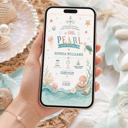 Editable Coastal Seashell Baby Shower Invitation Canva Template, Girls Kids Cute Fun DIY Chic Teen Party Invite, Printable Digital Download.