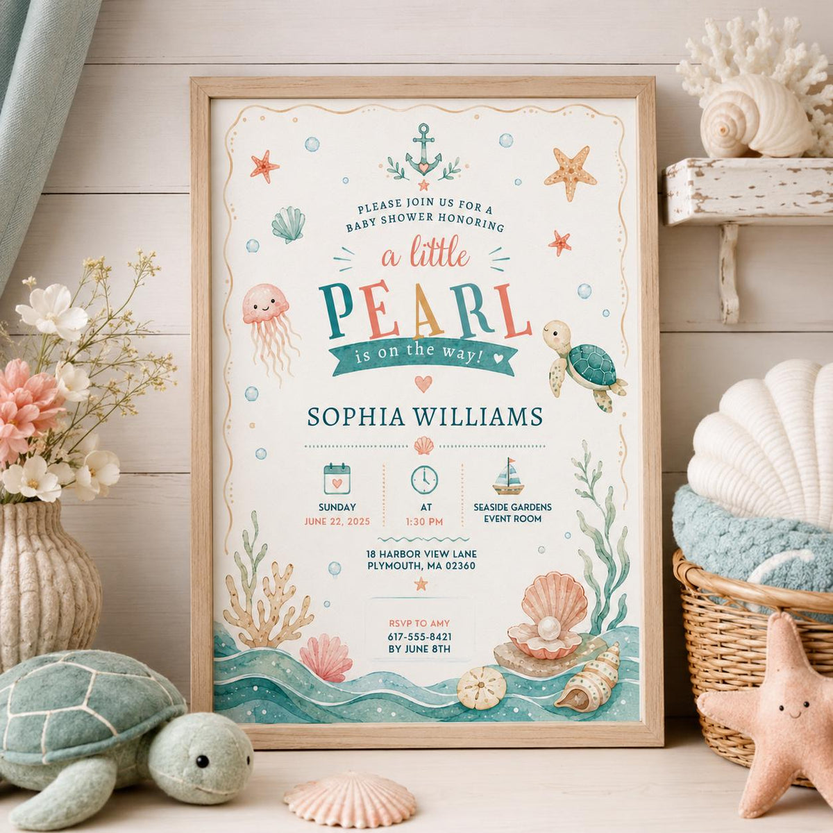Editable Coastal Seashell Baby Shower Invitation Canva Template, Girls Kids Cute Fun DIY Chic Teen Party Invite, Printable Digital Download.