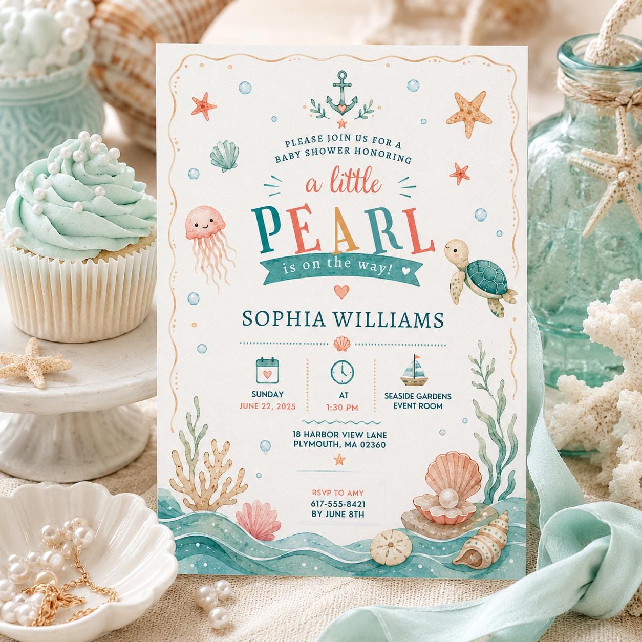 Editable Coastal Seashell Baby Shower Invitation Canva Template, Girls Kids Cute Fun DIY Chic Teen Party Invite, Printable Digital Download.