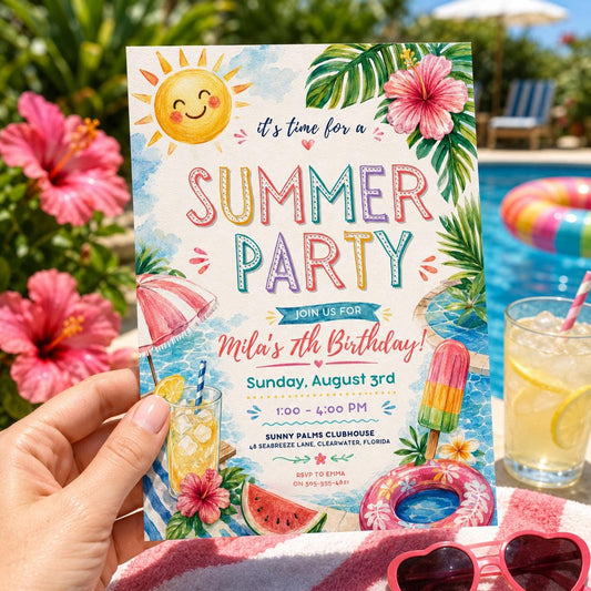 Editable Summer Birthday Invitation Canva Template, Pastel Kids Cute Fun DIY Sweet Chic Teen Tween Party Invite, Printable Digital Download.