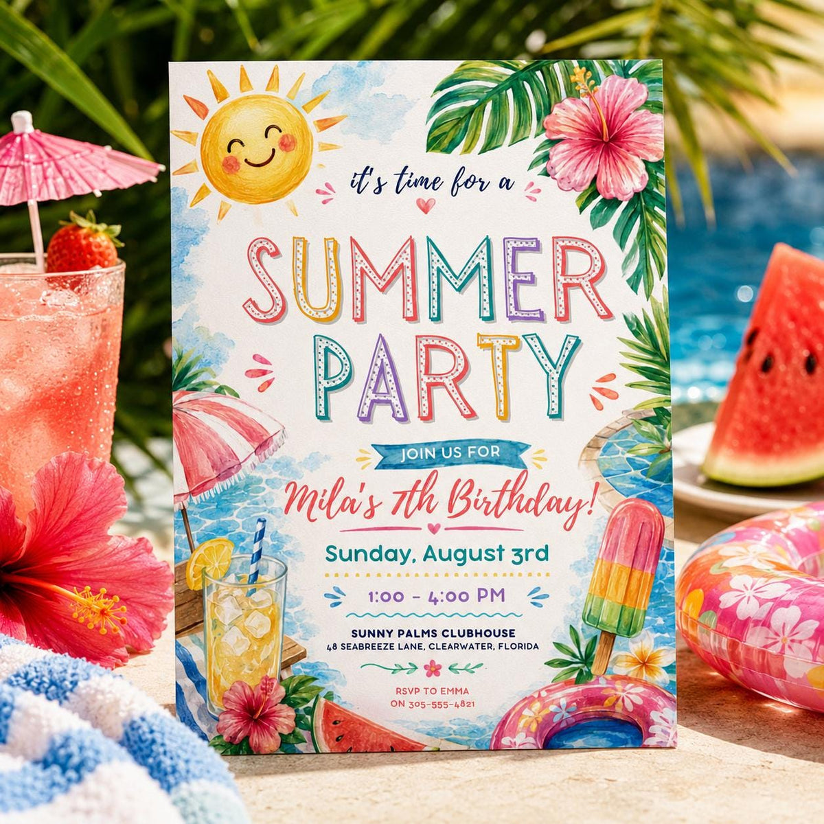 Editable Summer Birthday Invitation Canva Template, Pastel Kids Cute Fun DIY Sweet Chic Teen Tween Party Invite, Printable Digital Download.