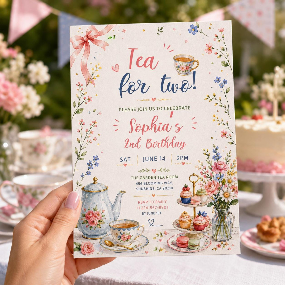 Editable Tea Birthday Invitation Canva Template, Pink Blush Girls Kids Adult Tea Cute Fun DIY Chic Party Invite, Printable Digital Download.