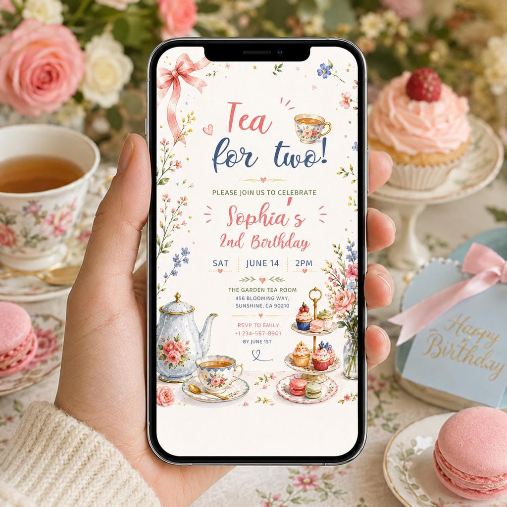 Editable Tea Birthday Invitation Canva Template, Pink Blush Girls Kids Adult Tea Cute Fun DIY Chic Party Invite, Printable Digital Download.