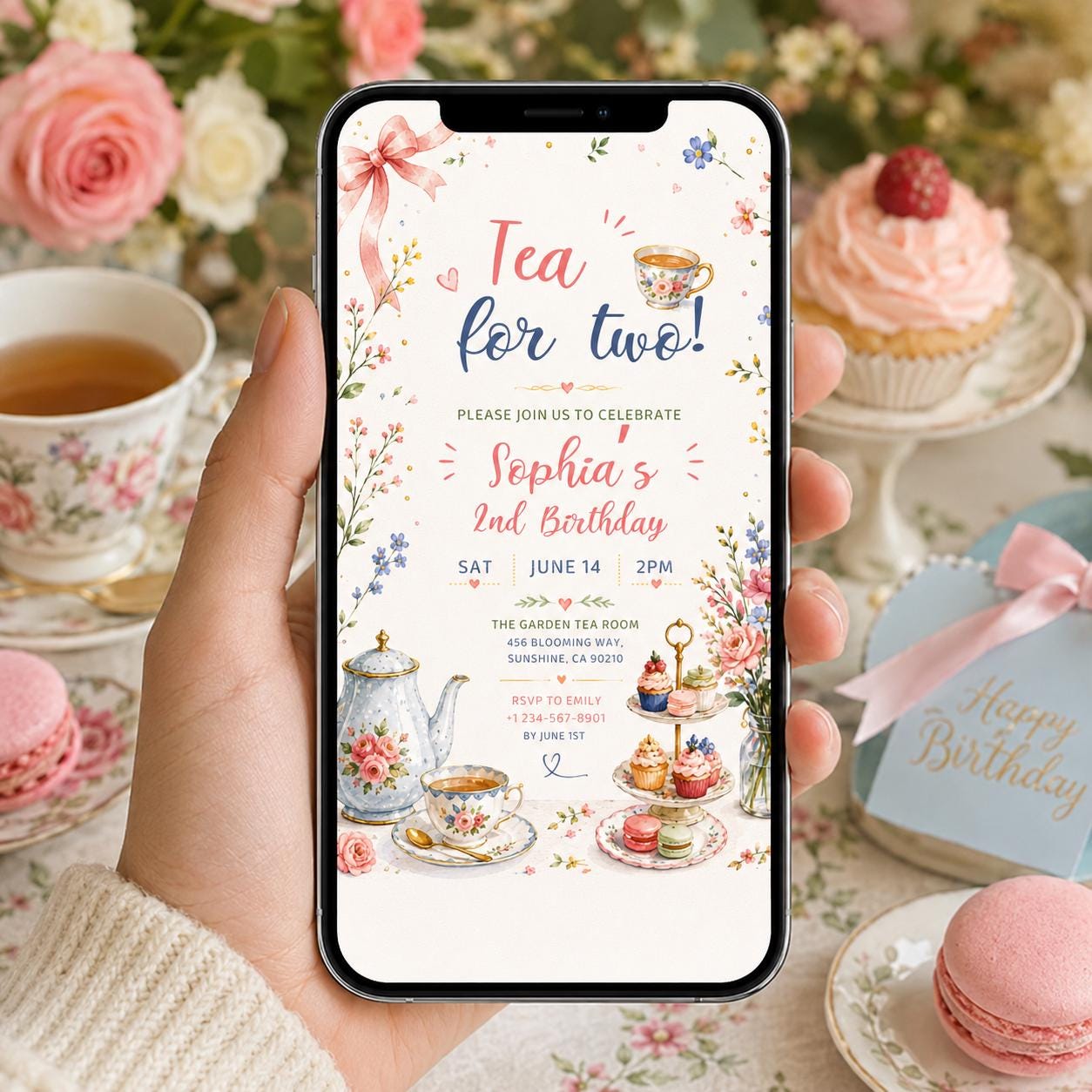 Editable Tea Birthday Invitation Canva Template, Pink Blush Girls Kids Adult Tea Cute Fun DIY Chic Party Invite, Printable Digital Download.
