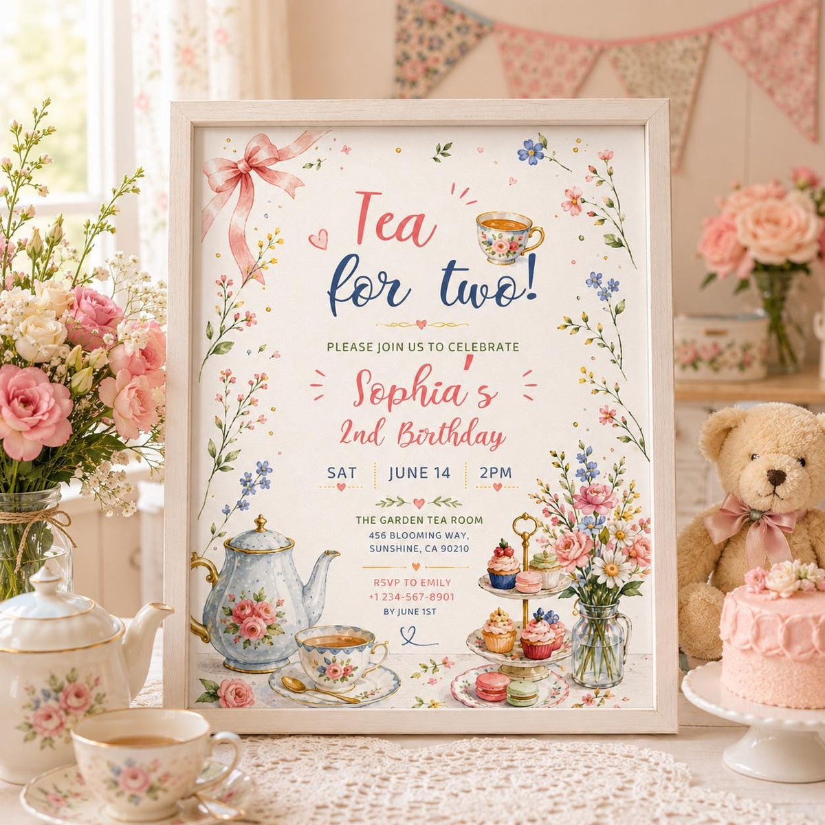 Editable Tea Birthday Invitation Canva Template, Pink Blush Girls Kids Adult Tea Cute Fun DIY Chic Party Invite, Printable Digital Download.