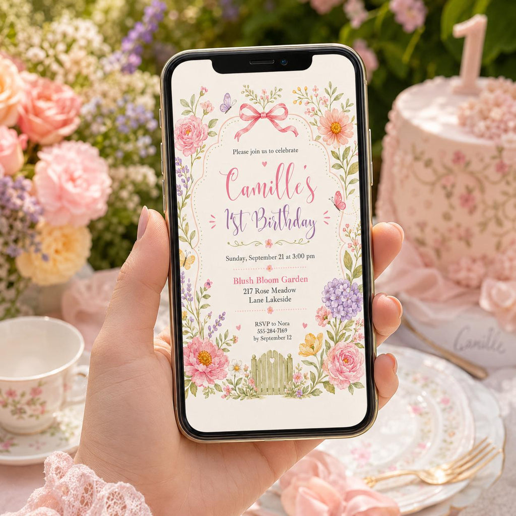 Editable Pink Bow Birthday Invitation Canva Template, Boho Floral Girls Kids Bow Cute Fun DIY Chic Party Invite, Printable Digital Download.